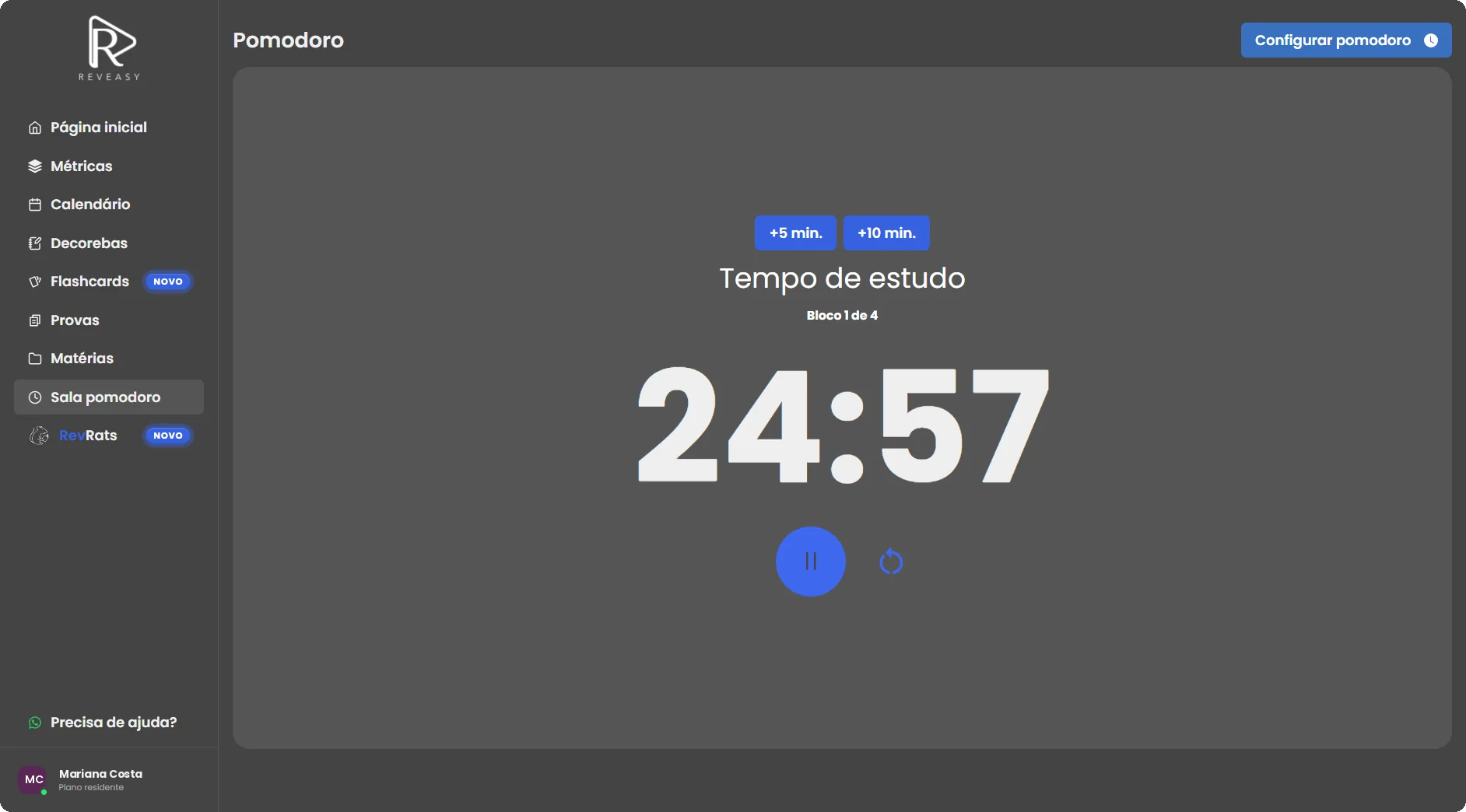 Sala Pomodoro do Reveasy com timer de 24:57, bloco 1 de 4 e botões para adicionar 5 ou 10 minutos