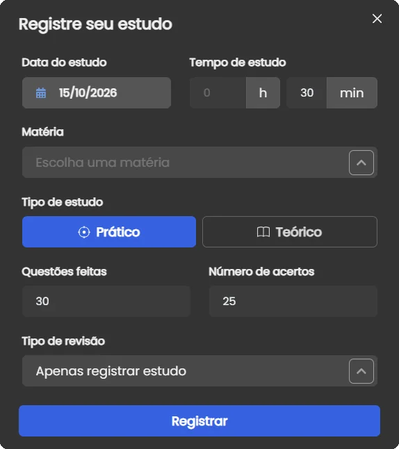 Modal Registre seu estudo do Reveasy, com data, tempo de estudo, matéria, tipo prático ou teórico, questões feitas, número de acertos e tipo de revisão