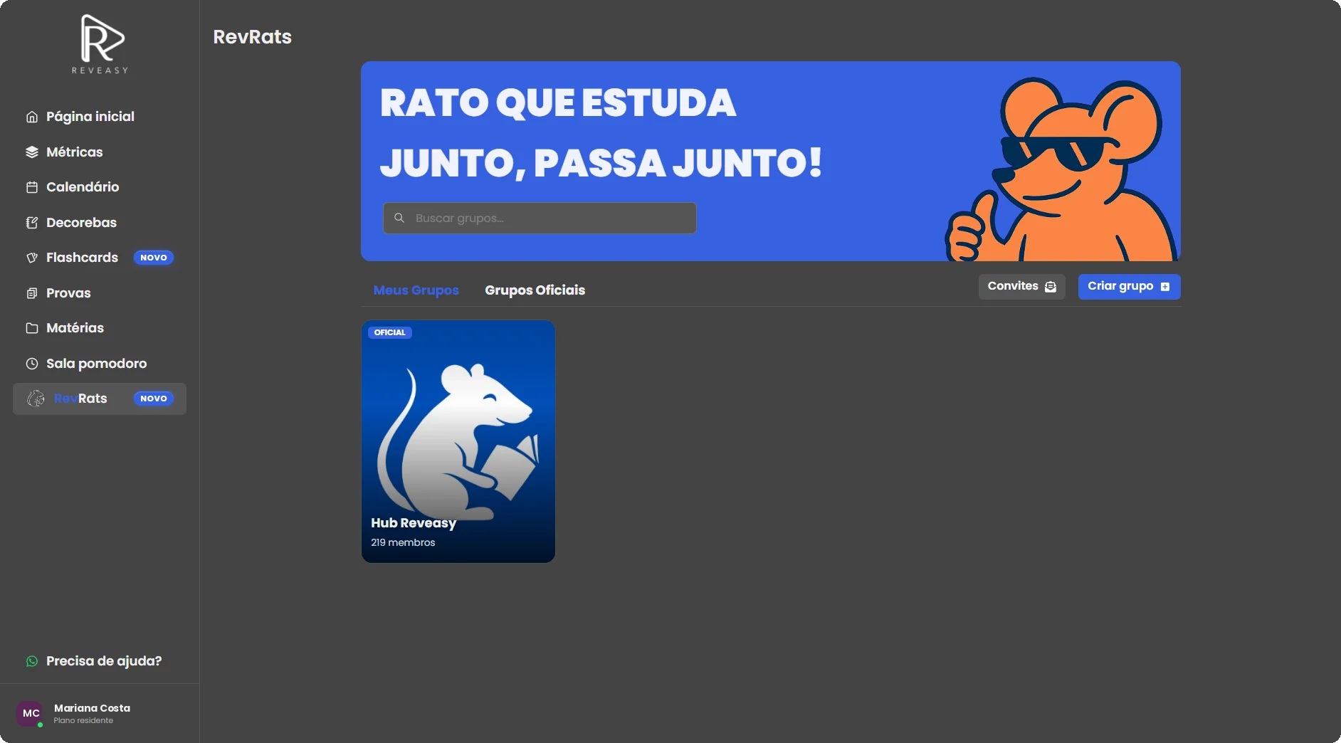 Tela do RevRats com o banner Rato que estuda junto, passa junto e o grupo oficial Hub Reveasy